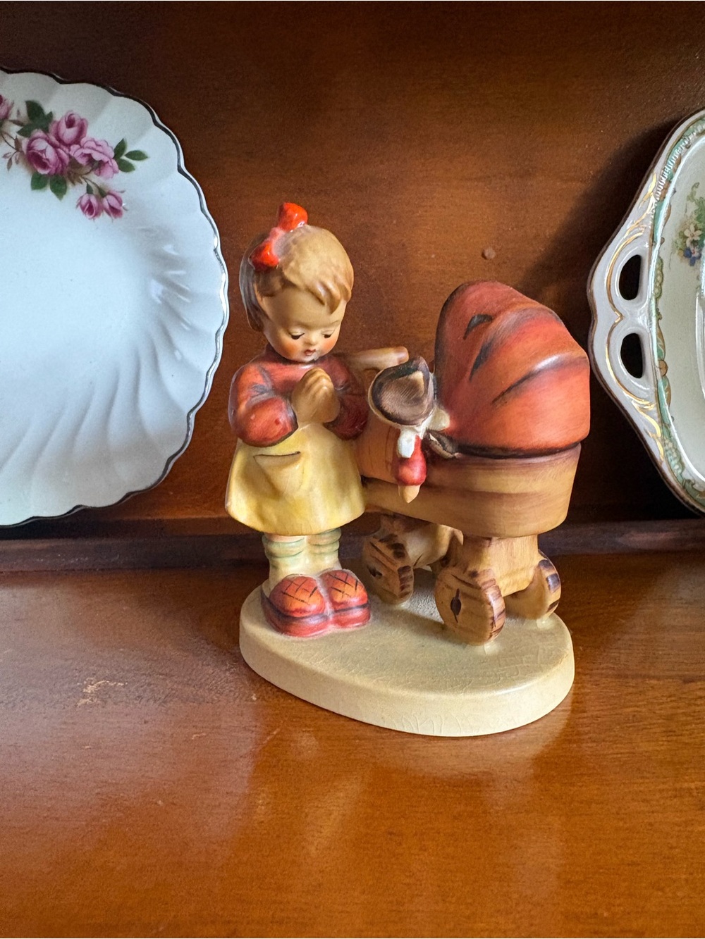 Hummel Blonde Girl with Pram Figurine in Cream, Red, Brown